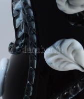 Régi kézműves bíborüveg váza, fehér opálüveg szélezéssel és rátétekkel, hutaüveg, hibátlan, m: 32 cm