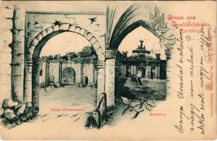 1900 Gyulafehérvár, Karlsburg, Alba Iulia; Erstes Festungsthor, Karlsthor / Első várkapu és Károly kapu. Bernhard Weiss kiadása / castle gates. Art Nouveau, floral (szakadás / tear)