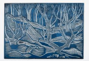 Tavaszy Noémi (1927-2018): Téli erdő. Fém nyomódúc-klisé. Jelzett a dúcon. Tavaszy Noémi autográf feliratával ellátott papírba csomagolva. 8,5x12 cm.