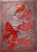 Tavaszy Noémi (1927-2018): Varjak, szent madarak. Fém nyomódúc-klisé. Jelzett a dúcon. Tavaszy Noémi autográf feliratával ellátott papírba csomagolva. 12,5x9 cm.