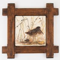 Sárszalonka mintás olasz díszcsempe, fa keretben, 20x20 cm, 37x36 cm