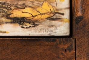 Sárszalonka mintás olasz díszcsempe, fa keretben, 20x20 cm, 37x36 cm