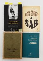 4 db könyv - Petri György: Valami Ismeretlen. Pécs, [1990], Jelenkor Kiadó, [Váci ÁFÉSZ Sokszorosítóüzem], 45 p. [1] sztl. lev. Kiadói tűzött papírkötésben. A borítót Esterházy Gitta tervezte. Első kiadás! A rendszerváltás lehetővé tette, hogy a nyolcvanas években csak szamizdatban vagy határon túl publikáló Petri György legálisan is újra megjelenhessen. Valahol megvan címen már 1989-ben napvilágot látott egy összegző verseskötete, majd még ugyanabban az évben az onnan kihagyott versek is hozzáférhetők lettek az Ami kimaradt c. kötetben. Az 1990-es Valami ismeretlen harminc új verset közölt. Ebben a kötetben jelent meg nemcsak ennek a kötetnek és ennek az évtizednek, hanem az egész életműnek is egyik kimagasló, emlékezetes és sokat vitatott verse, a Hogy elérjek a napsütötte sávig, mely az életmű egyik alapját, a szerelmi témát gondolta újra. + Petri György versei. Budapest, [1991], Szépirodalmi Könyvkiadó, [Athenaeum Nyomda, Budapest], [1] t. (portréfotó), 332 p. Kiadói papírkötésben, eredeti papír védőborítóval. A borító Pintér József terve. Első kiadás! + Petri György: Sár. Szerkesztette: Csodás Gábor. (Élő Irodalom sorozat.) Pécs, [1993], Jelenkor Kiadó, [Molnár Csaba nyomdája Pécsett], 68 p. [2] sztl. lev. Kiadói puha papírkötésben, eredeti papír védőborítóval. Petri György kis kötete mindössze 39 verset tartalmaz. Egyharmaduk rövid, a szonettnél nem terjedelmesebb töredék, látlelet (Utálok várni; Fogas kérdés; Lázlap). A megidézett elődök közül, a három igényesebb költeményben is a mesterként vállalt Vas István idéződik ("Eszmék és tánclemezek"; El nem küldött levél; "Ötven felé"). Akár korábbi írásaiban, itt is karakterisztikus elem az önirónia, a nyelvi játékosság (Regénycímek; Kis éji zene); s a magán- és közéletbeli rossz közérzet. Ez utóbbira legjellemzőbb megfogalmazások: "Pitvaronca ennek a Pitvarnak se leszek" (Kívül); "Se közösség, se testület, se kaszt. / Csak adni magam, ami vagyok, azt" (Elégia és értekezés); "Egy vagyok már tereppel és szereppel" (Sár). + Petri György: A szabadság hagyománya - A magyar politikai költészet klasszikusai - Petri Györggyel beszélget Kisbali László és Mink András. Budapest, [2001], A Beszélő Folyóirat Stencil Kulturális Alapítványa, [ADUPRINT Kiadó és Nyomda Kft.], 179 p. Kiadói papírkötésben, eredeti papírborítóban. A borítót Pintér József tervezte. A címlap Szilágyi Lenke fotójának felhasználásával készült. A portrék a Petőfi Irodalmi Múzeum gyűjteményéből valók. A Beszélő 1999-ben beszélgetés-sorozatot indított Petri Györggyel, a folyóirat egyik alapítójával és meghatározó szellemi alakjával. A költő a magyar politikai költészet egy-egy nagy klasszikus versét, Babits Mihály, Balassi Bálint, Berzsenyi Dániel, Illyés Gyula, József Attila, Petőfi Sándor és Weöres Sándor műveit elemzi, fölidézve a szabadság hagyományát.