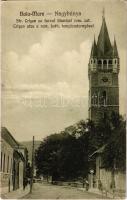 1931 Nagybánya, Baia Mare; Str. Crisan cu turnul bisericei rom. cat. / Crisan utca a Római katolikus templom tornyával / street view, Catholic church's tower (EB)