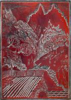 Tavaszy Noémi (1927-2018): Hóvár-bércek alatt. Fém nyomódúc-klisé. Jelzett a dúcon. Tavaszy Noémi autográf feliratával ellátott papírba csomagolva. 12,5x9 cm.