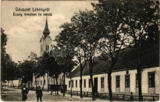 Lébény, Evangélikus templom és iskola. Natz Márton kiadása (EB)