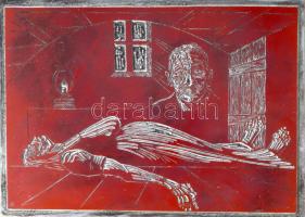 Tavaszy Noémi (1927-2018): Az öreg Kúnné (Ady Endre). Fém nyomódúc-klisé. Jelzett a dúcon. Tavaszy Noémi autográf feliratával ellátott papírba csomagolva. 9x12,5 cm.