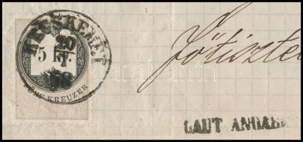 1868 Kézírásos szállítólevél "LAUT ANGABE" bélyegzéssel, 5kr okmánybélyeggel, "KECSKE...