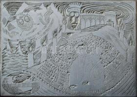 Tavaszy Noémi (1927-2018): Cifra szűrömmel (Ady Endre). Fém nyomódúc-klisé. Jelzett a dúcon. Tavaszy Noémi autográf feliratával ellátott papírba csomagolva. 9x12,5 cm.