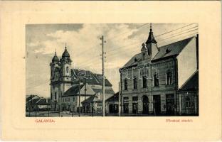 1912 Galánta, Fő utca, templom, Takarékpénztár, Ottinger Károly üzlete. Első galántai könyvnyomda és papírraktár kiadása W.L. Bp. 4478. / main street, church, savings bank, shops (EK)