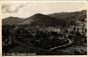 1945 Marosfő, Izvoru Muresului; Gyergyói-havasok, vasútállomás, vonat, gőzmozdony / Muntii Giurgeu / mountain, railway station, locomotive, train (EK)