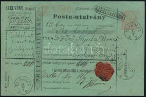 1874 5kr díjjegyes postautalvány nagyon ritka "MISKOLCZ / F. P." (Fahrpost) bélyegzéssel Pestre