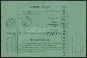 1874 5kr díjjegyes postautalvány nagyon ritka "MISKOLCZ / F. P." (Fahrpost) bélyegzéssel P...