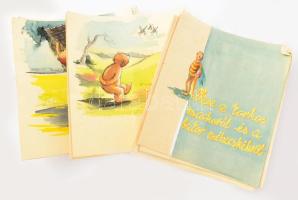 Jelzés nélkül, 16 db rajz: Mese a torkos mackóról és a bátor méhecskéről, 1940-50 körül. Akvarell, p...