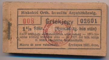 1927. Miskolc 1 1/2f "Miskolczi Orth. Izraelita Anyahitközség" értékjegye 1/8 kilogramm hús után (100x), teljes tömb "008 02601 - 008 02700" között T:XF, hajtatlan, a legfelső darabon szennyeződés
