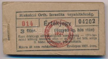 1927. Miskolc 3f "Miskolczi Orth. Izraelita Anyahitközség" értékjegye 1/4 kilogramm hús után (99x) közel teljes tömb "014 04202 - 014 04300" között T:VF