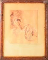 Prihoda István (1891-1956): Női akt. Színezett rézkarc, papír. Jelzett. Üvegezett fakeretben. Kisebb lapszéli ázásnyommal. 27x21 cm