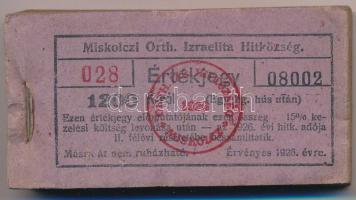 1926. Miskolc 1200K "Miskolczi Orth. Izraelita Anyahitközség" értékjegye 1 kilogramm hús után (99x) közel teljes tömb "028 08002 - 028 08100" között T:AU,XF, enyhe szennyeződés az első darabon és a hátsó kartonon