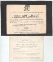 1928 dióasadi Ady László, Ady Endre testvérének halotti értesítője 24x14 cm + Meghívó Ady emlékünnepélyre. a Vigadóba ca 1930