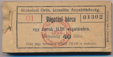 1932. 40f "Miskolczi Orth. Izraelita Anyahitközség" vágatási bárcája 1db juh vágatására (99x) közel teljes tömb "01 01302 - 01 01400" között T:XF,VF, hajtatlan, enyhe szennyeződés az első kettő darabon