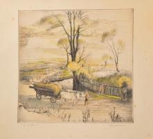 Dudás Jenő (1900-1991): Táj szekérrel. Rézkarc, papír, jelzett, kartonra kasírozva, lapszéli apró foltokkal, 29×29 cm
