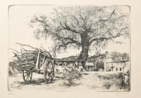 Gy. Molnár István (1933-2010): Kocsi. Rézkarc, papír, jelzett, kartonra kasírozva, apró foltokkal, 21,5×30 cm