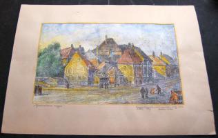 Várkonyi Károly (1910-2001): Pfarkircheni reggel, színezett rézkarc, jelzett, dedikált 49x36 cm