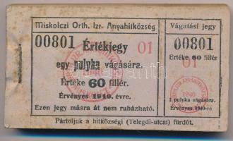 1940. Miskolc 60f "Miskolczi Orth. Izraelita Anyahitközség" vágatási bárcája 1db pulyka vágására (100x), teljes tömb "01 00801 - 01 00900" között T:XF,VF, hajtatlan, az első kettő darab F