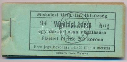 1924. Miskolc 200K "Miskolczi Orth. Izraelita Anyahitközség" vágatási bárcája 1db kacsa vágására (99x) közel teljes tömb "94 501 - 94 599" között T:XF, hajtatlan, az első darabon szennyeződés, az utolsó ~3db-on sarokhajlás