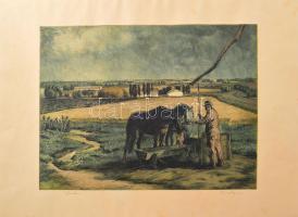 Novák Lajos (1927-1989): Itatás. Színezett ézkarc, papír, jelzett, 29×39 cm