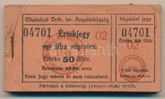 1940. Miskolc 50f "Miskolczi Orth. Izraelita Anyahitközség" vágatási jegy / értékjegy 1db liba vágására (100x), teljes tömb "02 04701 - 02 04800" között T:javarészben AU, kisebb részben XF, az első darabon enyhe szennyeződés