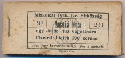 1924. Miskolc 300K "Miskolczi Orth. Izraelita Anyahitközség" vágatási bárca 1db liba vágására (100x), teljes tömb "91 201 - 91 300" között T:XF, hajtatlan, szennyeződés, kicsit viseltes a széle