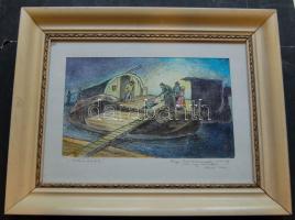 Várkonyi Károly (1910-2001): Halászbárkák, színezett rézkarc, jelzett, dedikált 50x40 cm