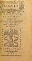 Dante, [Aligheri (1265-1321)]: Con Nuoue, et utili ispositioni. Lyone, 1551., Guglielmo, 1551, Guillaume Rouille, 644+12 p. Guillaume Rouille-féle "Isteni színjáték" kiadás első kiadása (1551), amit 20 évvel később követett a második kiadás (1571.) Három egészoldalas metszettel, valamint Dante arcképével illusztrált. Olasz nyelven. Aranyozott gerincű egészbőr-kötés, kopott borítóval, jó állapotban, 12x7,5x3 cm/  Dante, [Aligheri (1265-1321)]: Con Nuoue, et utili ispositioni. Lyone, 1551., Guglielmo, 1551, Guillaume Rouille, 644+12 p. In Italian language. With a portrait of Dante, and three fullpages illustrations. Half-leather-binding, with gilt spine, with worn cover, in good condition, 12x7,5x3 cm