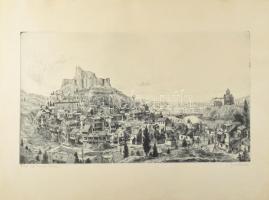 Gross Arnold (1929-2015): Tbilisi régi városrész, Grúzia. Rézkarc, papír, jelzett, kartonra kasírozva, 27×50 cm