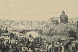 Gross Arnold (1929-2015): Tbilisi régi városrész, Grúzia. Rézkarc, papír, jelzett, kartonra kasírozv...