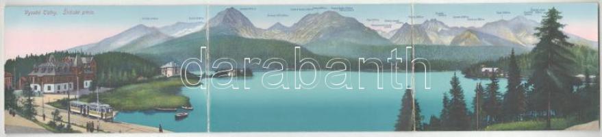 Tátra, Magas-Tátra, Vysoké Tatry; Csorba-tó, villamos vasútállomás. 3-részes kihajtható panorámalap / Strbské pleso / lake, tram station. 3-tiled folding panoramacard (hajtásnál gyűrött / worn at fold)