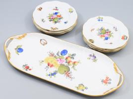 Herendi Bouquet de Fruits (BRF) mintás szendvicses készlet. Jelzett, hibátlan, tálca 37x16 cm, tálak d: 15 cm