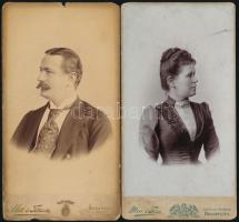 cca 1900 Lappert Antal és Lappert Antalné, 2 db keményhátú fotó Mai és Társa budapesti műterméből, egyik hátoldalán a műterem képével, sérülésekkel, 21×11 cm