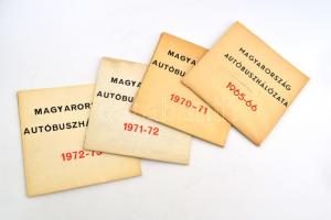 Magyarország autóbuszhálózata 1965-66, 1970-71, 1971-72, 1972-73. 4 db nagyméretű térkép, 66x68 cm körül