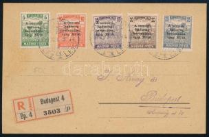 1919 A Nemzeti Hadsereg bevonulása sor ajánlott helyi levelezőlapon / Mi 286-290 on registered local postcard