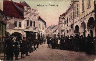 1916 Vukovár, Vukovar; Glavni trg., Fotograf. Sriemskih Novina / Fő utca, fényképész, Sigmund Frank üzlete / main street, photograph, shops + "K. U. K. Militärzensur Osijek 4" (EK)