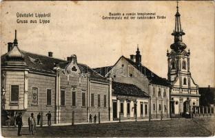1912 Lippa, Lipova; Búza tér a román (ortodox) templommal, Takarékpénztár. W.L. Bp. / Getreideplatz mit der rumänischen Kirche / square, Romanian Orthodox church, savings bank (fl)