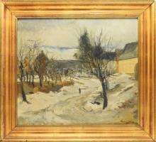 Curilovics Ottokár (1908-1961): Pécsvárad vára, 1960. Olaj, vászon, jelzett, hátoldalán a Magyar Képzőművészek és Iparművészek Baranyai Csoportja, Pécs raglapjával és Képcsarnok Vállalat címkéivel. Dekoratív, kissé sérült fakeretben. 60x68,5 cm.