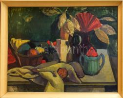 Benkő Katalin (1934-): Csendélet, 1960-as évek. Olaj, farost, jelezve jobbra lent. Hátoldalán Képcsarnok Vállalat címkéjével. Üvegezett, kissé sérült fakeretben, 60×80 cm