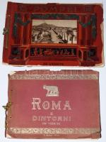 cca 1930 Roma e dintorni + Pompei, 2 db képes album fekete-fehér fotókkal, mindkettőben magyar nyelvű, 1932-es ajándékozási bejegyzéssel. Kiadói zsinórfűzéses papírkötés, sérült borítóval, néhány sérült lappal, egy lapon szakadásból eredő hiánnyal, 20,5x27 cm és 21,5x31,5 cm