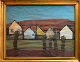 Lukovszky László (1922-1981): Utca, 1965. Olaj, papír, faroston, jelzett. Hátoldalán Képcsarnok Vállalat címkéjével. Dekoratív, kissé sérült fakeretben, 60×80 cm