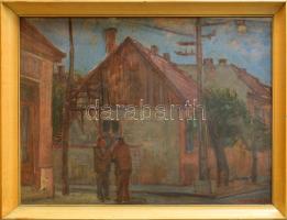 Somogyi János (1928-2010): Utcán, 1963. Olaj, farost, jelzett. Hátoldalán Képcsarnok Vállalat címkéjével. Üvegezett fakeretben, 60×80 cm