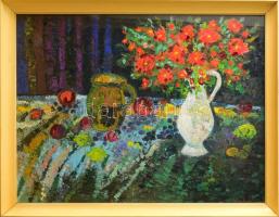 Bőhm (Böhm) Lipót "Poldi" (1916-1995): Piros virág, 1975 körül. Olaj, farost, jelzett. Hátoldalán Képcsarnok Vállalat címkéjével. Üvegezett fakeretben, 60×80 cm