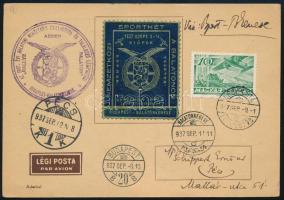 1937 Légi képeslap Sporthét levélzáróval és alkalmi bélyegzéssel / Airmail postcard with label